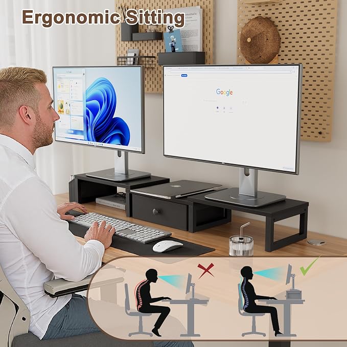 LAND·VOI Dual Monitor Stand with Drawer and Side Pockets, Monitor Riser for Desk, Home Office Desk Storage, Multi-Scenario Adaptation for Work and Entertainment, Black, HMS02BK - Image 6