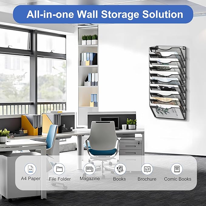 EasyPAG Wall File Organizer for Office 10 Pocket Mesh Wall Mounted Paper Organizer Hanging Folder Holder with Nametag Label for Home School, Black - Image 4