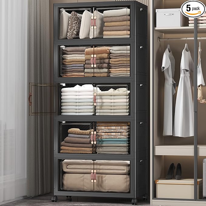 Stackable Storage Bins, 560QT Collapsible Drawers with 1 Lid | Large Capacity, Magnetic Door, Stack Lock, Rolling Wheels, Foldable Design, Organizers and Storage for Bedroom Dorm Garage by UAMFURIDirect