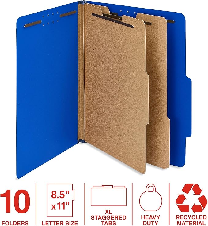 Staples 100% Recycled Heavy‑Duty Classification Folder, Letter Size, 2 Dividers, 2″ Expansion, Dark Blue Pressboard, 10/Box - Image 2