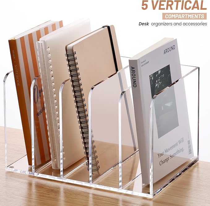 YUXUN Acrylic Magazine Holder,Clear Desk Organizer Vertical File Sorter Holder Stand for Notebook,Paper,Envelope,Magazine, Book Storage-Office/Home/Classroom Organization (5 Compartments,B5) - Image 4