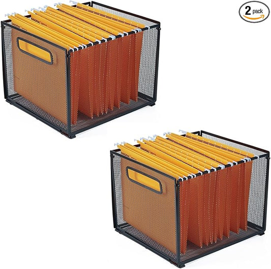 SETTFRFE 2 Pack Letter Size Hanging Folder Organizer,Metal File Box,Black | Mesh File Basket & Hanging File Rack with Handle,File Crate for Hanging Folders,Filing Organizer for Office,Classroom & Home by SETTFRFE