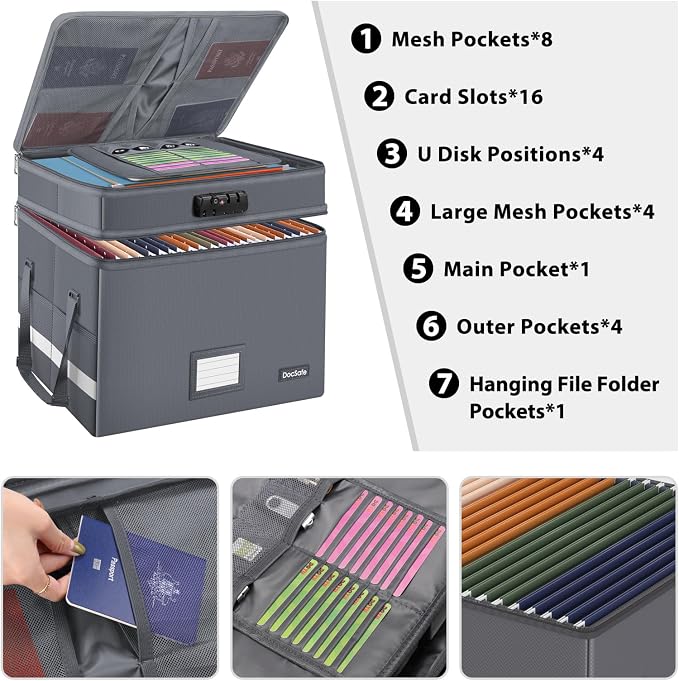 DocSafe File Box with Lock,Multi-Layer Fireproof Document Box Collapsible File Storage Organizer with Pockets/Handle,Large Portable Home Office Filing Box for Hanging Letter/Legal Size Folders,Gray - Image 2