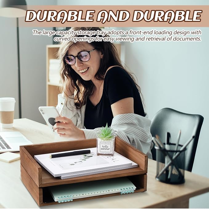 Yeaqee 4 Pcs Stackable Paper Organizer Tray Wood Desk Organizer Letter Tray Desktop Letter Size Office Wooden Desk Shelf Paper Holder Folder Organization Rack for Mail File Document(Dark Wood Color) - Image 6