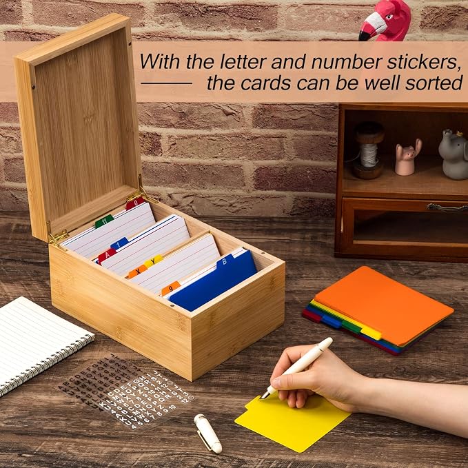 4 x 6 Inch Index Card Holder Set, Bamboo Organizer Box with 50 Dividers & 2 Sheets Alphabet Number Stickers File Note Holders, Holds 1200 Cards for Office Business Home Kitchen, Wooden Color - Image 4