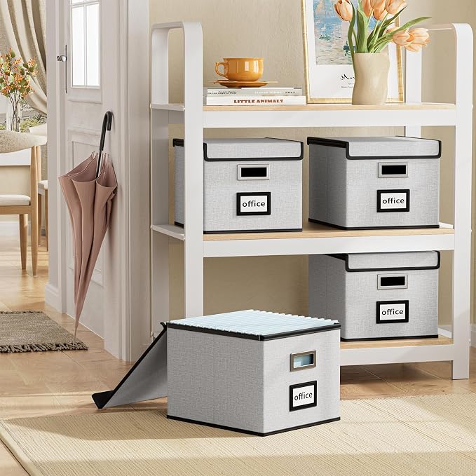 File Organizer Box with Lids, Collapsible File Folder Organizer | File Box with Plastic Slides for Document, Filing Bin for Letter Size Hanging File Folders (1 Pack, Light Gray) - Image 2