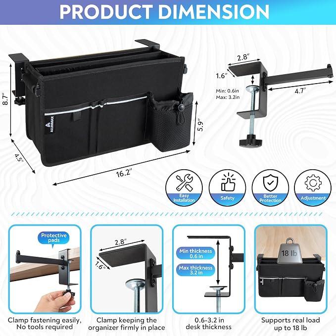 Side Desk Laptop Holder for Up to 3 Laptops, Side Desk Organizer with Adjustable Divider & Bottle Pocket, Soft-Lined Interior, Clamp Mount Side Desk Storage, Fits 0.6″-3.2″ Flat Edge - Image 6