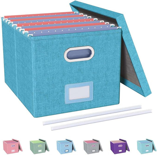 File Organizer with Lid, File Box, File Cabinet for Letter File Folder Storage, Hanging File Organizer for Office/Decor/Home,Document Organizer, 1 Pack,Calamine Blue+Cobalt Green-Box Only by Oterri
