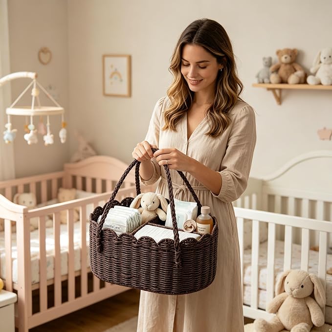 Diaper Caddy Organizer, Paper Rope Storage Baskets Nursery Bin with Removable Divider, Portable Car Organizer for Diapers, Baby Shower Gifts, Newborn Essentials Must Haves (Dark Brown) - Image 8