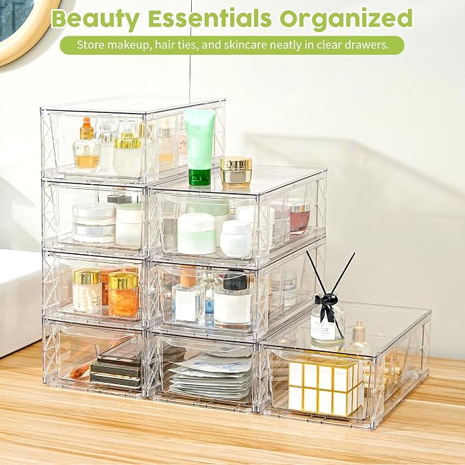 8 Pack Acrylic Storage Drawers, Clear Stackable Storage Drawers, Acrylic Organizers Drawers for Under Sink, Pantry, Bathroom, Makeup Organizers Cosmetic Display,Classroom Storage Organization, Medium - Image 3