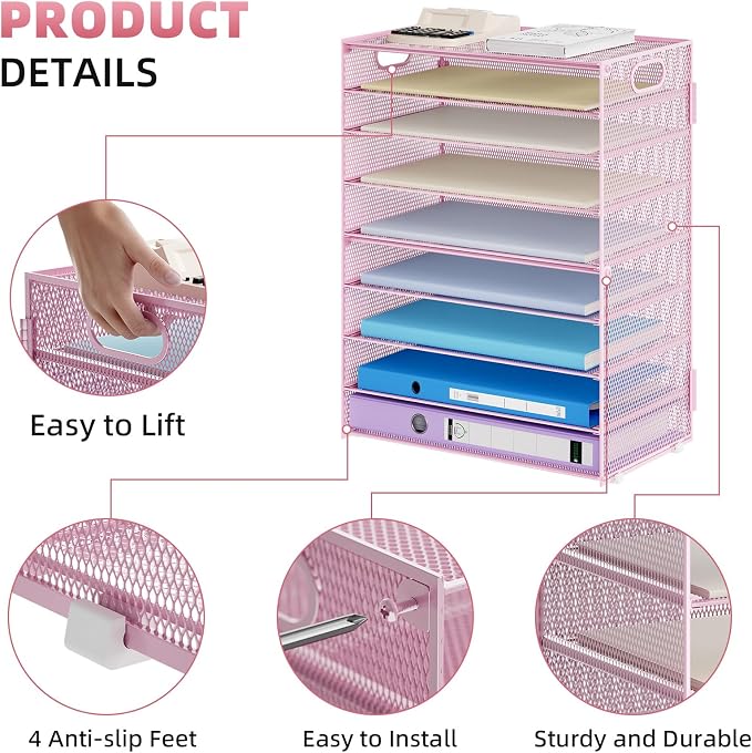Marbrasse Paper Organizer Letter Tray, 9 Tier Mesh File Organizer with Handle, Paper Sorter Desk Organizer for Home Office Supplies - Pink - Image 3