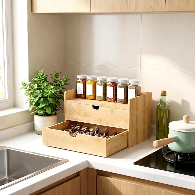 Bamboo Desk Organizer with Drawers, Desktop Storage for Office Supplies | 2 Drawers Desktop organizer, No Assembly Required, Natural Wood Wooden Desktop Drawers Box for Bills, Cosmetics, Seals, Paper - Image 5