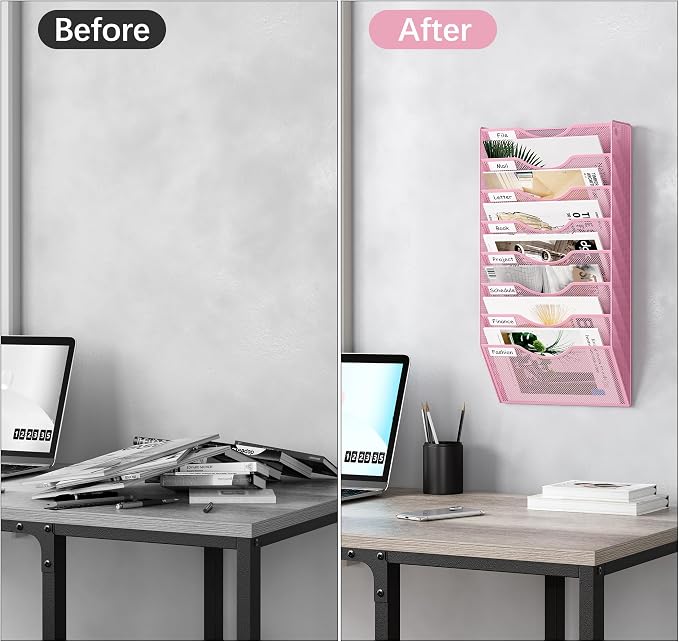 EasyPAG 8 Pocket Mesh Wall File Organizer, Hanging Paper Folder Holder with Classify Label, Vertical Wall Mount Mail Organizer for Office Home Classroom, Pink - Image 5