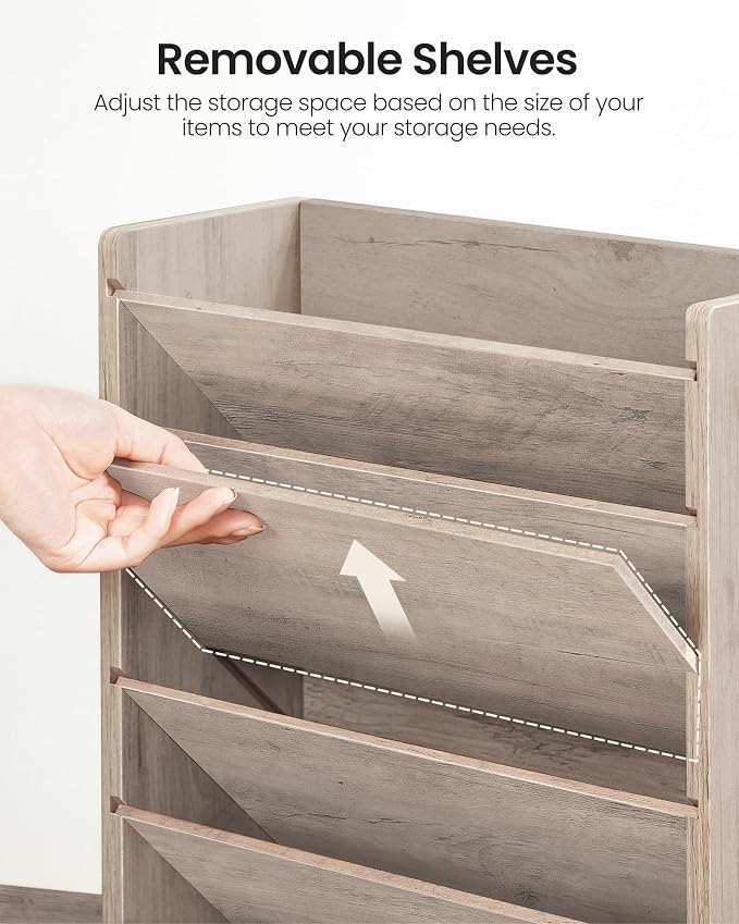 Wall File Organizer, 6-Tier Vertical Mount Hanging Holder with 2 Side Hooks, Modern Wooden Magazine Storage Holder with Bottom Tray, Desk Organizer, for Office, Home, Greige MWJ01FH - Image 6