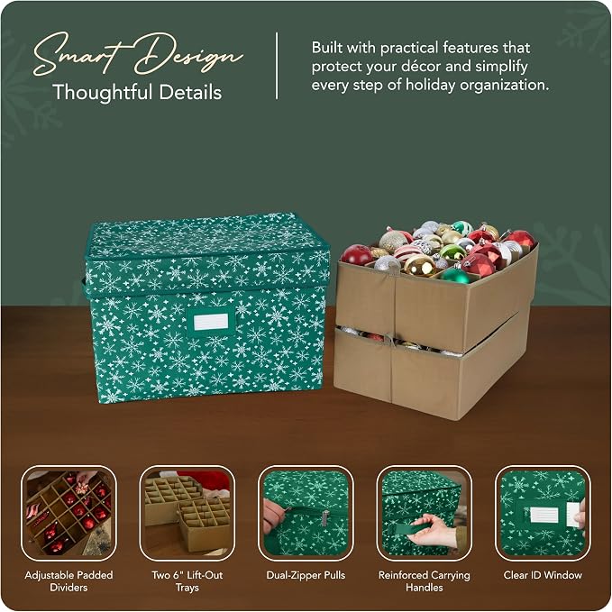 Covermates Keepsakes Adjustable Ornament Storage Box – Heavy-Duty Polyester, Padded Dividers & FlexGrid Trays – Protective Holiday Organizer with Stackable Walls & Label Window, Green Snowflake - Image 4