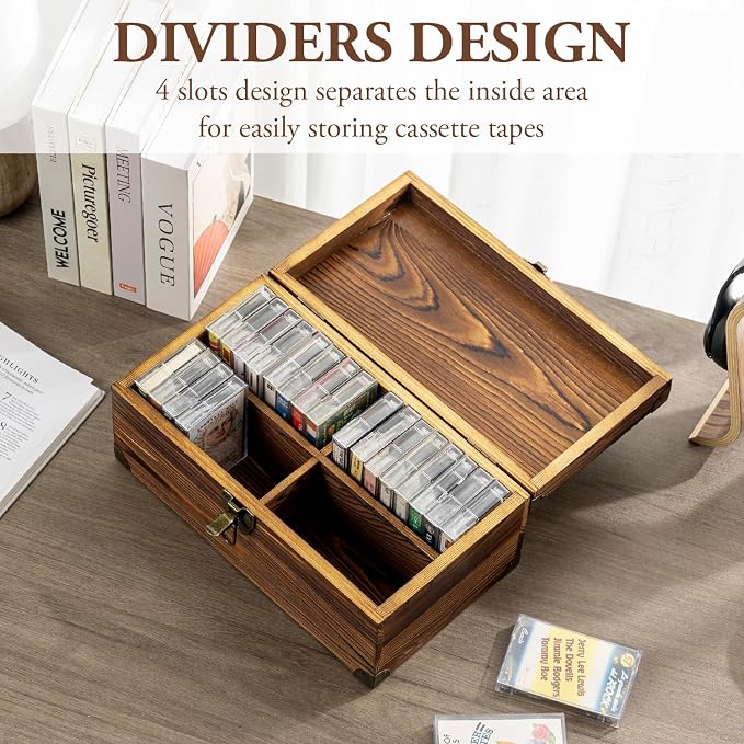 MyGift Rustic Dark Brown Wood Retro Audio Cassette Tape Storage Box with Antique Brass Tone Metal Latch and Brackets, 4 Compartments Hold up to 32 Tapes - Image 3