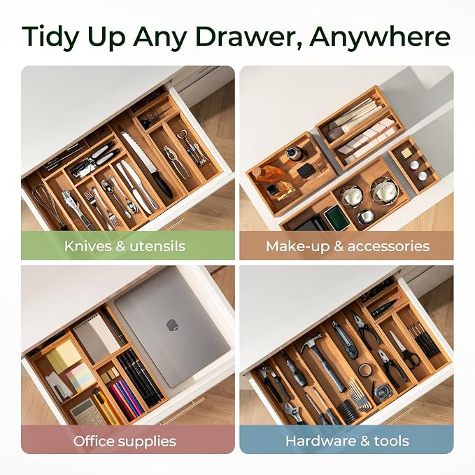 keechee 6-Piece Bamboo Drawer Organizer Set, 2.2" Deep Multi-Use Organizers for Utensils, Silverware, Cutlery, Desk, Bathroom, Junk Drawer & Makeup, Non-Slip Feet Included. - Image 7
