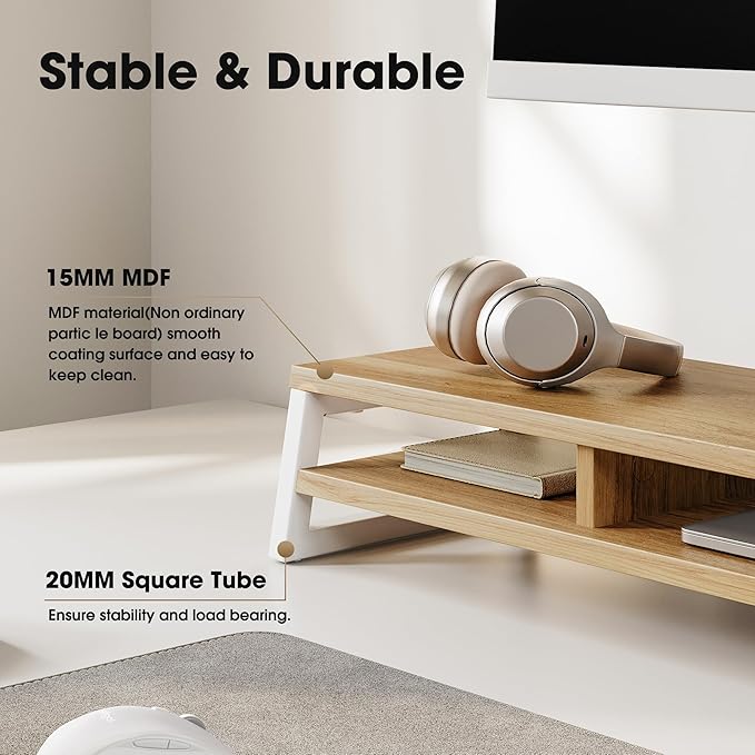 Fenge Dual Monitor Riser for Desk, Open Shelf with 3 Storage Compartments | 42.5in Computer Monitor Stand, 2-Tier Desk Shelf for Top of Desk,One-Piece Panel, fit Ultrawide Monitor, PC, Laptop, Dark Oak - Image 4