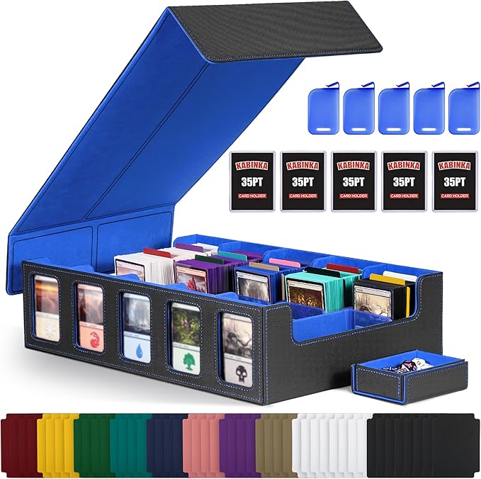 Trading Card Storage Box with Commander Display , 5-Row Deck Case with Removable Lid; 3900+ Card Deck Box for MTG TCG Sports Card, 5 Top Loaders, 5 Stoppers, 48 Dividers,1 Dice Tray (Black Blue) by Kabinka