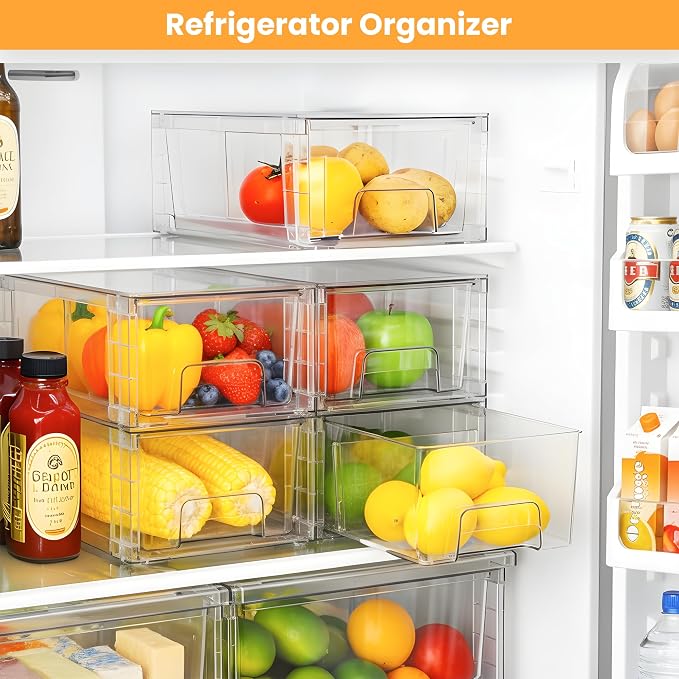 6 Pack Stackable Storage Drawers,Plastic Organizers Bins, Drawers Storage with Handles and Movable Dividers for Organization and Storage in Fridge,Bathroom, Pantry, Kitchen Cabinets, Under Sink - Image 5