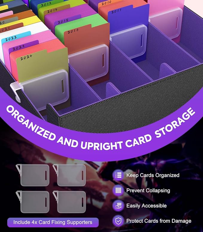 MoKo Trading Card Storage Box for MTG, 3000+ Card Organizer, Black Purple | MTG Deck Box, w/ 24 Colorful Dividers & 4 Card Supporters, MTG Card Storage for Magic Game, TCG, PTG Baseball and Sport Cards - Image 4