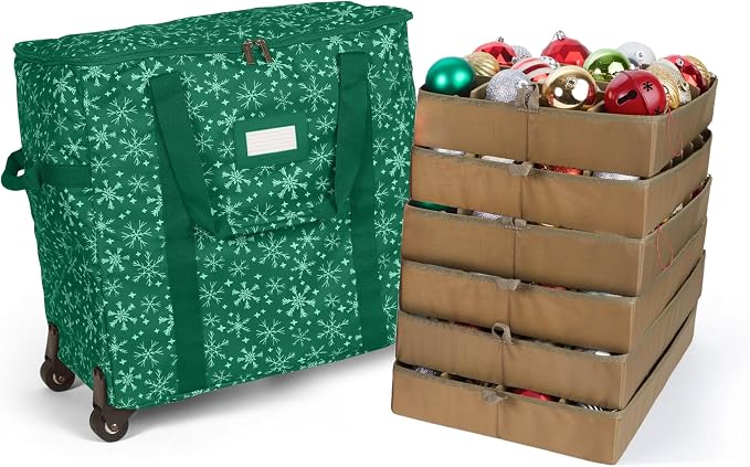 Covermates Keepsakes Rolling Adjustable Ornament Storage Bag – Heavy-Duty Polyester, FlexGrid Trays & Padded Dividers – Protective Holiday Organizer with Wheels, Handles & ID Window, Green Snowflake by Covermates