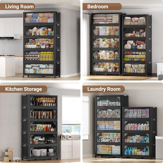 BROVIEW V60 140QT Plastic Stackable Storage Bins with Lid, 1Pack Black | 35Gal Extra Large Closet Organizers Collapsible Cabinets Boxes With Drawer, Foldable Container with 4x Wheels for Home - Image 7