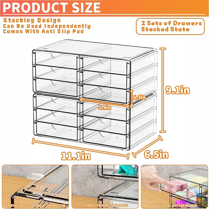 2 Pack Acrylic Storage Drawers With 12 Small Drawer,Stackable Office Cabinet Organizer and Makeup Organizer,Clear Plastic Drawers for Craft Supply,Pen,Stationary,Accessory,Makeup,Desk Organizer - Image 2