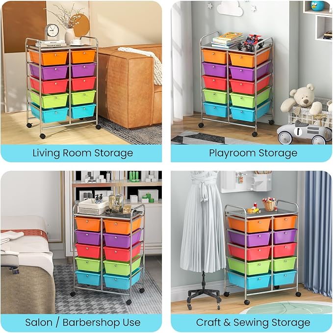 Giantex 10 Drawers Rolling Cart, Classroom Organizers, Storage Cart with Wheels, for Teacher Office Home School Supplies Tool Craft Art Paper, Rainbow Color - Image 8
