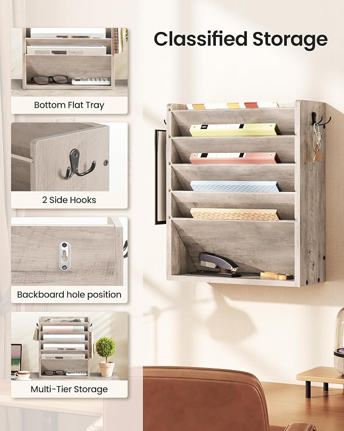 Wall File Organizer, 6-Tier Vertical Mount Hanging Holder with 2 Side Hooks, Modern Wooden Magazine Storage Holder with Bottom Tray, Desk Organizer, for Office, Home, Greige MWJ01FH - Image 5