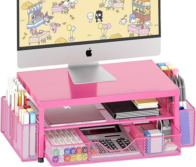 Desk Organizers and Accessories, Computer Monitor Stand Riser with Drawer and 2 Pen Holders, Printer & Laptop Stand, Office Desk Accessories & Workspace Organizers for Home Office Supplies, Carmine Rose by OPNICE
