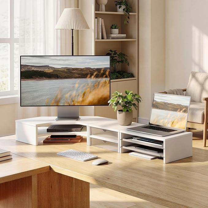 Fenge Dual Monitor Stand with Storage, Corner Desk Shelf for Top of Desk | Wooden Monitor Riser with Drawer and Slide-Out Tray, 2 Tier Storage, for Home Office, Computer, Laptop, Printer - Image 5