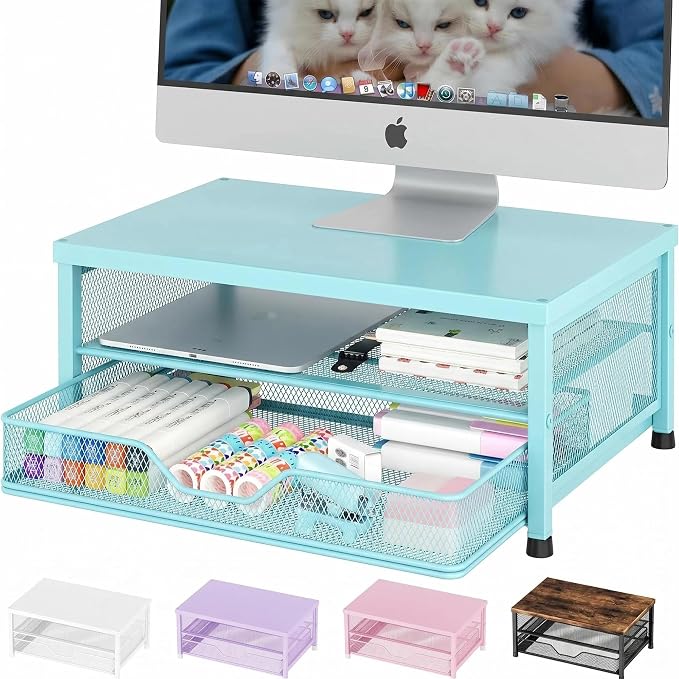 Computer Monitor Stand Riser, Desk Organizer with Drawer, Printer & Laptop Stand, Office Desk Accessories & Workspace Desktop Organizers Storage for Office Supplies(Blue) by OPNICE