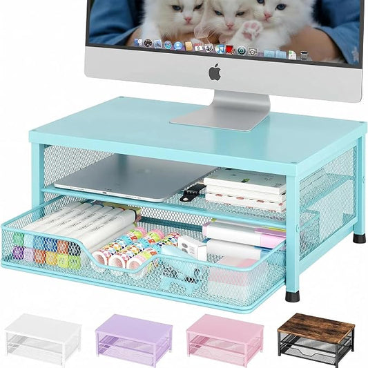 Computer Monitor Stand Riser, Desk Organizer with Drawer, Printer & Laptop Stand, Office Desk Accessories & Workspace Desktop Organizers Storage for Office Supplies(Blue) by OPNICE
