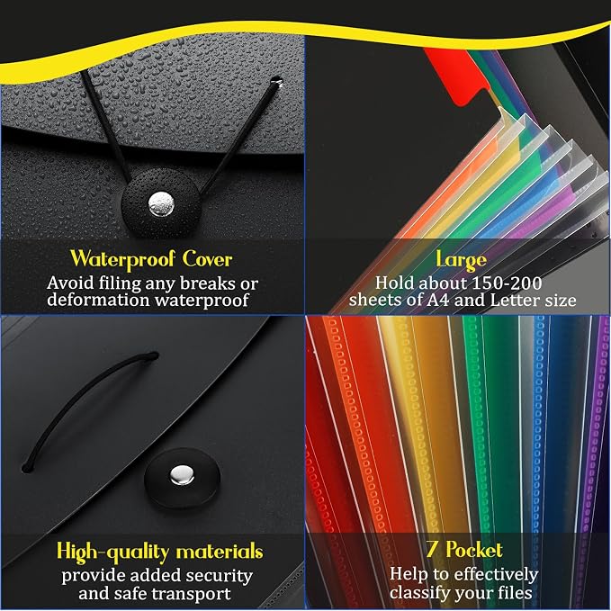 Glenmal 10 Pcs 7 Pocket File Folders File Organizer Expanding Folder with Labels Plastic Pocket A4 Letter Size Paper Organizer for Office Back to School Supplies(Black) - Image 3