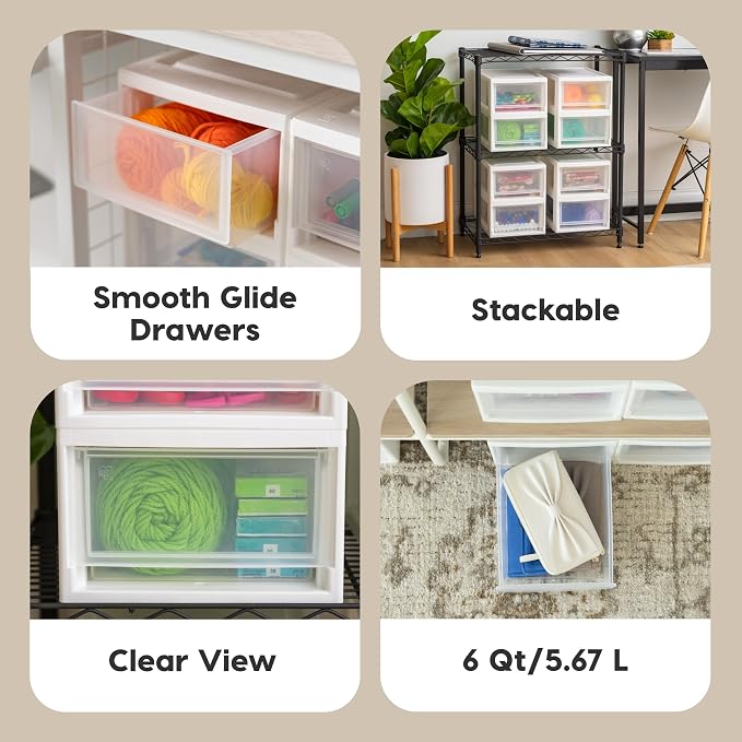 IRIS USA 2-Pack, 6 Qt. Small Stacking Drawer Storage Organizer, White | Keep craft supplies, accessories, office items, and small essentials organized around your home for easy everyday storage - Image 4