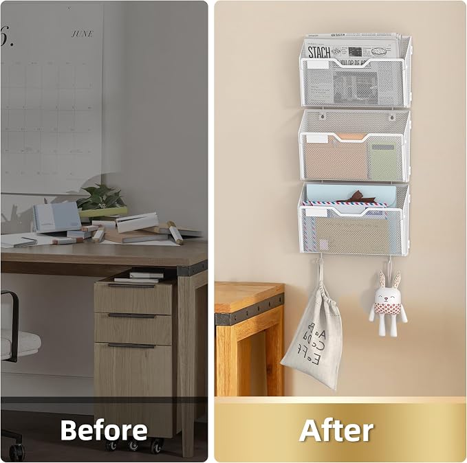 Docnest 3 Pack Mesh Wall File Holders with Hooks for Mail, White | Space-saving vertical design with utility hooks. Ideal paper document organizer for office, home, and school - Image 3