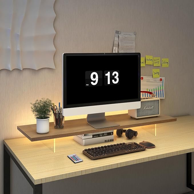Monitor Stand Riser,Wood & Acrylic Computer Monitor Stand with LED Strip Light,Desk Accessories Desktop Organizer Stand for Computer,Laptop,Printer,PC & TV Screen by LAQUEENIE