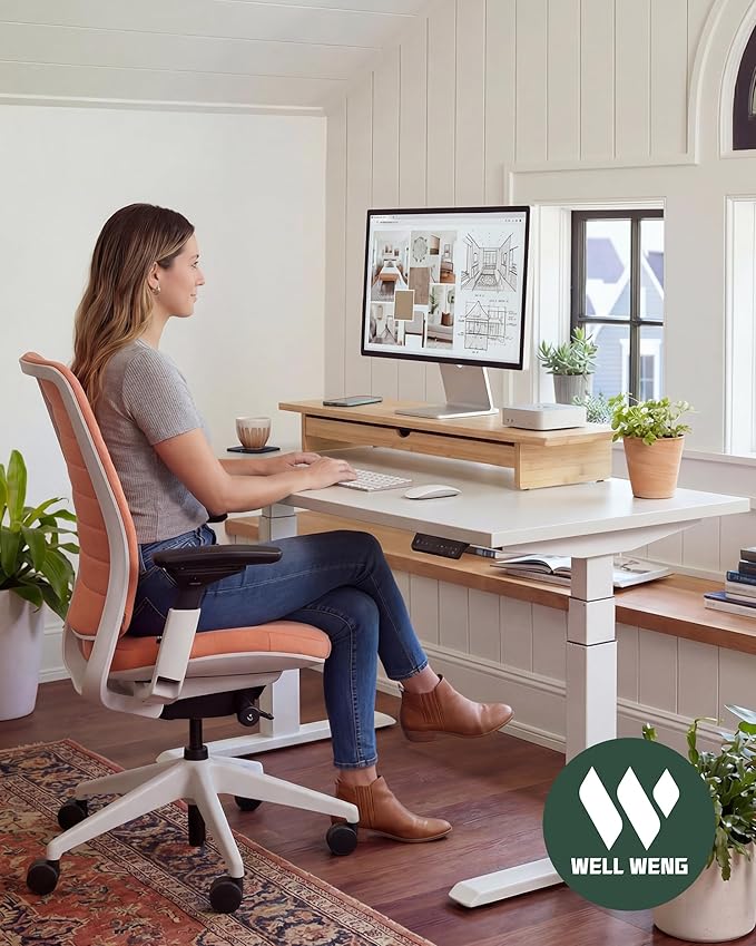 42" Dual Monitor Stand Riser with Large Drawer Keyboard Storage | Double Computer Monitor Riser Shelf for 55-72 Inch Desk Aesthetic Workplace Setup Desktop Organizer Bamboo - Image 2