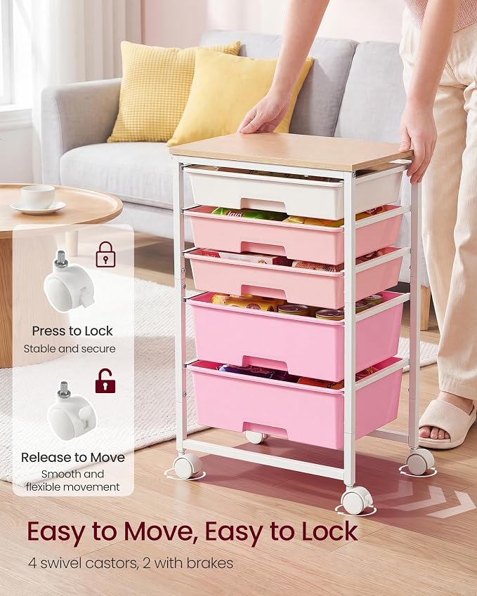 VASAGLE 5-Drawer Rolling Storage Cart, Mobile Organizer Trolley with Wood Top and Metal Frame, for Craft Room, Office, 15.6 x 11.2 x 24.8 inch, Pink, BENCO Collection ULRC005S101 - Image 5