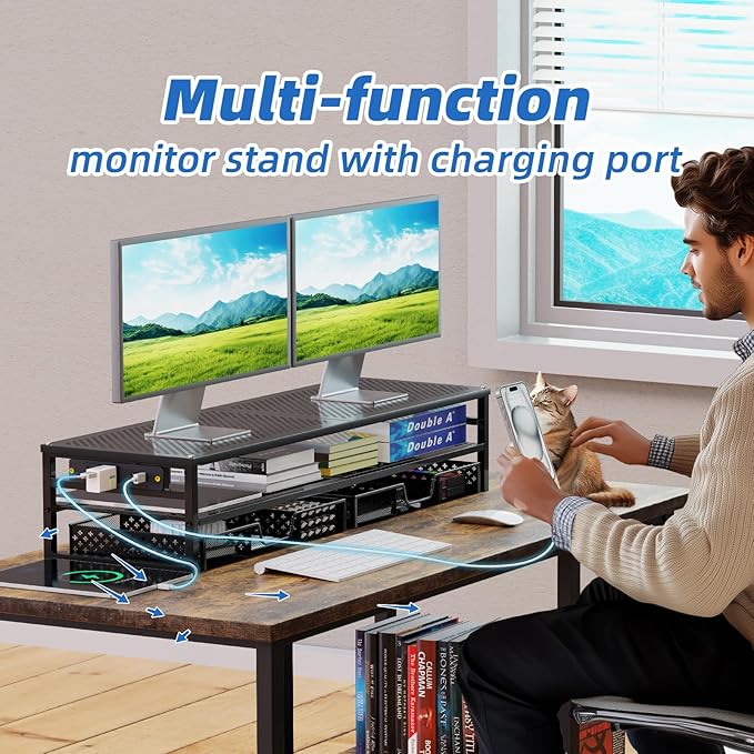 Simple Trending 2-Tier Metal Dual Monitor Stand with USB & 2 Drawers, Black | 32"W x 10"D x 7"H. USB 2.0 + charging port. 2 drawers. Mesh cooling vents. Holds 100 lbs. Non-slip base. Cable ties included. - Image 6