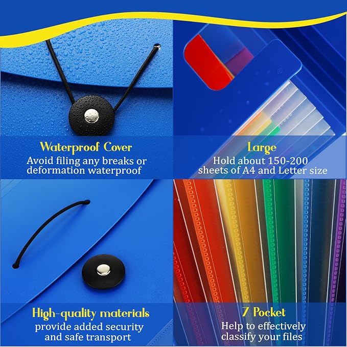 Glenmal 10 Pcs 7 Pocket File Folders File Organizer Expanding Folder with Labels Plastic Pocket A4 Letter Size Paper Organizer for Office Back to School Supplies(Red, Black, Blue) - Image 3