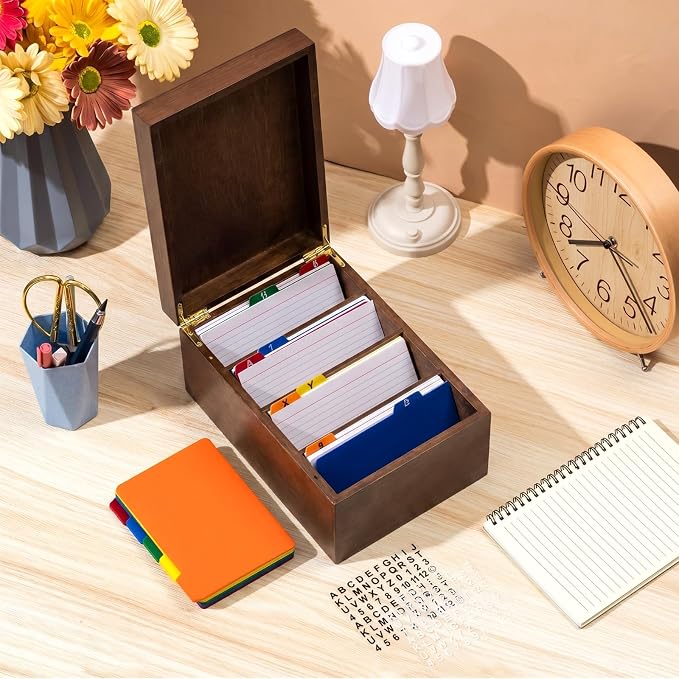 4 x 6 Inch Index Card Holder Set, Bamboo Index Cards Organizer, 50 Pcs Dividers 2 Sheets Alphabet Number Stickers File Note Holders for Office Business Classroom, Brown - Image 7