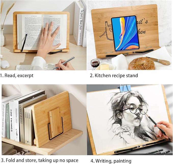 Personalized Book Stand for Reading, Custom Bamboo Cookbook Stands Book Holder with 5 Adjustable Height, Foldable Book Holder for Textbook, Receipe, Painting Papers, Tablet - Image 6