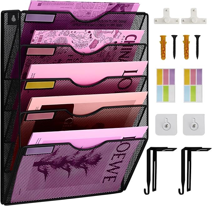 5 Pockets Mesh Wall File Holder Organizer Office Hanging File Folder Magazine Rack, Nametag Label Hooks Set Included (Black) by ideallife