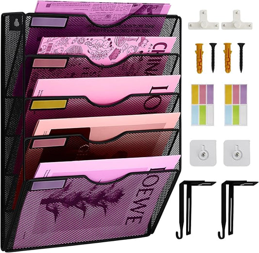 5 Pockets Mesh Wall File Holder Organizer Office Hanging File Folder Magazine Rack, Nametag Label Hooks Set Included (Black) by ideallife