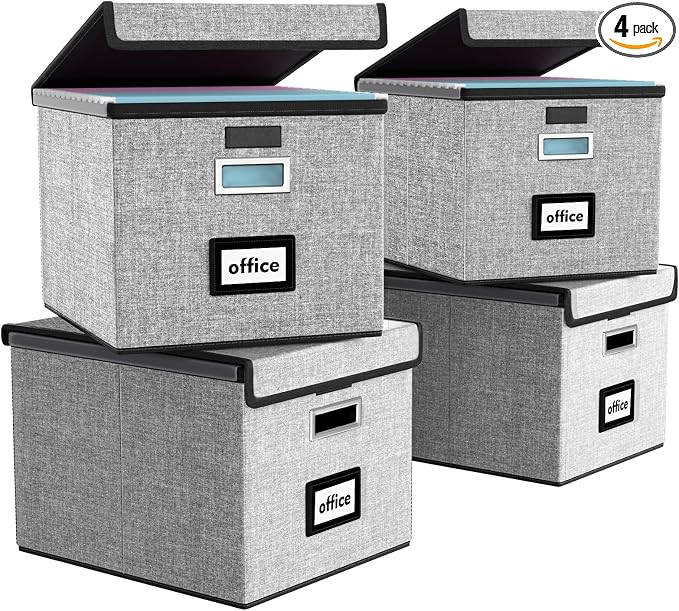 File Organizer Box with Lids, Collapsible File Folder Organizer | File Box with Plastic Slides for Office Document Storage, Filing Bin for Letter Size Hanging File Folders (4 Pack, Gray) by Huolewa