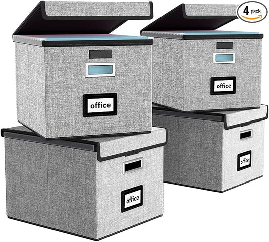 File Organizer Box with Lids, Collapsible File Folder Organizer | File Box with Plastic Slides for Office Document Storage, Filing Bin for Letter Size Hanging File Folders (4 Pack, Gray) by Huolewa