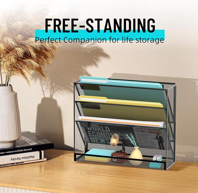 Wall File Organizer Mesh Office Mail Holder, Hanging Wall Organizer Magazine Rack for Office Black, 4 Tier - Image 2