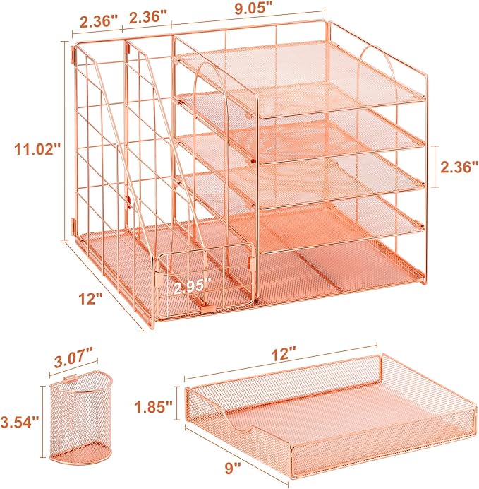 Marbrasse Rose Gold Desk Organizer with File Holder, 5-Tier Paper Letter Tray Organizer and Drawer, Mesh Desktop Storage with Magazine Holder for Office Supplies - Image 6